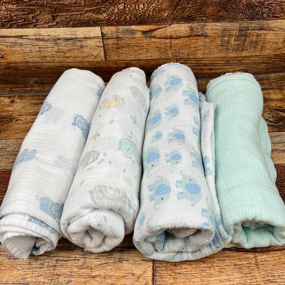 Aden + Anais Pretty Baby 4 Swaddle Baby Blankets Elephants Solid Teal Unisex - Picture 1 of 6